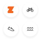 Zwift logo, bicycle, running and swim icons